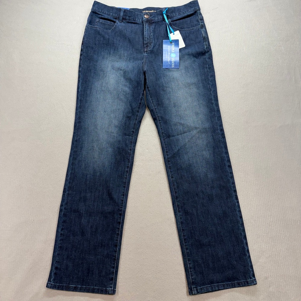 Soft Surroundings Triple Jeans Womens 16 Dark Blue Straight Leg Stretch 24851